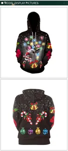 Détails de l'impression numérique avec renne et motifs festifs sur un sweat à capuche
