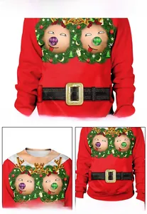 Detail of red Christmas sweatshirt featuring ribbed cuffs and elk wreath digital print