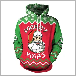 Felpa con Cappuccio Natalizia da Donna Manica Lunga Pullover Largo Con Stampa Babbo Natale Merry Xmas Rosso Verde Felpa Festiva