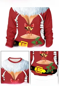 Detail of crew neck and elastic hem on 3D funny Santa print Christmas sweatshirt