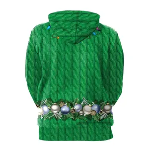 Green Christmas hoodie with 3D digital knit print and festive ornament pattern on back