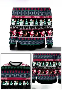 Close-up of comfortable round neck and stretch cuff hem on Christmas themed sweatshirt