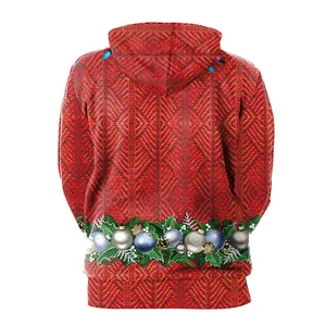 Christmas 3D print hoodie featuring red knit texture and festive ornaments on white background