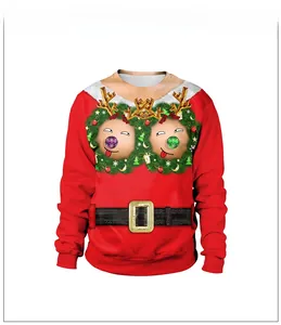 Close-up of red Christmas sweatshirt featuring reindeer wreaths and festive digital prints