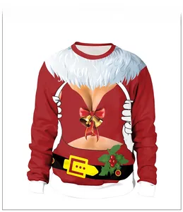 Detail of red Christmas sweatshirt showing graphic bow, bells and belt digital print