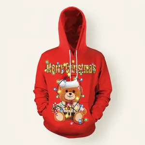 Women Christmas Bear Print Hoodie Long Sleeve Drawstring Hooded Sweatshirt Kangaroo Pocket Holiday Pullover Red Top