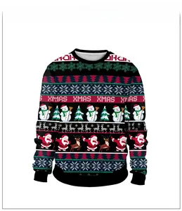 Detail view of 3D digital printed Christmas patterns on a black crewneck sweatshirt