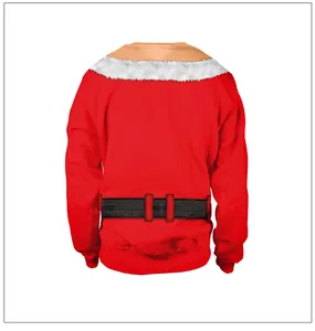 Detail view of the back of a red Christmas sweatshirt with funny digital printing