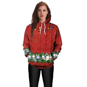 Christmas 3D print hoodie for couples featuring red knit pattern and festive bulb graphics