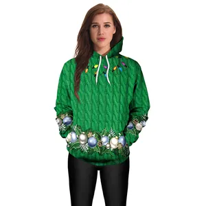 Women's Christmas green hoodie with 3D knitted texture and festive holiday ornaments print