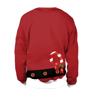 Back view of red Christmas sweatshirt featuring holiday prints and candy cane detail