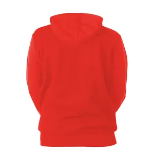 Classic bright red hooded sweatshirt back view in soft cotton blend fabric with ribbed cuffs