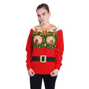 Funny Christmas sweatshirt with big breast reindeer print and belt design for couples