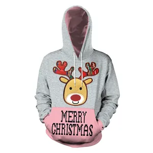 Grey Christmas hoodie with reindeer print and pink pocket detail for festive casual wear