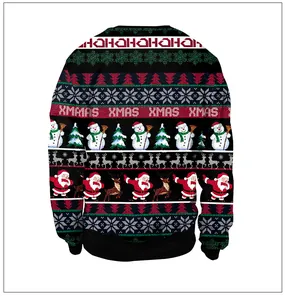Detail of Christmas sweatshirt with dabbing Santa, reindeer, and festive XMAS patterns