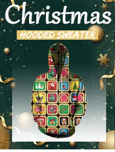 Detailed view of Christmas hooded sweater featuring festive santa and elk pattern prints