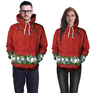 Christmas 3D digital print hoodies for couples featuring festive wreath and light patterns