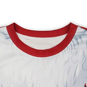 Close-up of classic red ribbed crewneck collar on a digital print Christmas sweatshirt