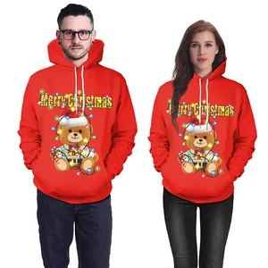 2024 Christmas hoodie featuring a cartoon teddy bear digital print and red festive colors