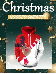 Détail d'un sweat à capuche de Noël avec imprimé renne 3D et design festif rouge et blanc
