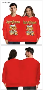 Detailed front and back view of red double-person couples Christmas sweater with teddy bears