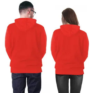 Back view of classic bright red hooded sweatshirt for men and women on white background