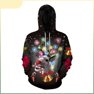 Sweat à Capuche Femme Noël Renne Impression Numérique 3D Manches Longues Pullover Festif Fête Top