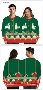 Front and back views of a green double-person Christmas sweater with festive alpaca prints