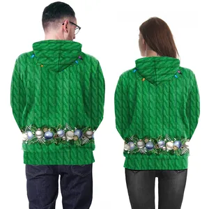 Unisex green Christmas hoodie featuring 3D holiday knit patterns and festive light prints