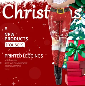 Detail of Christmas leggings with red snow pattern and decorative bow printing