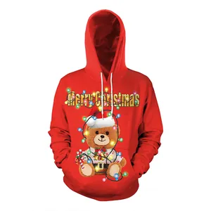 Red Christmas hoodie featuring a festive teddy bear print and Merry Christmas text