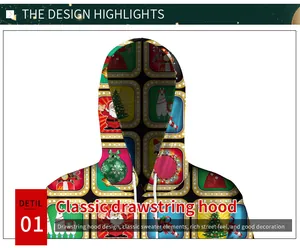 Detailed view of the classic drawstring hood featuring colorful Christmas theme patterns