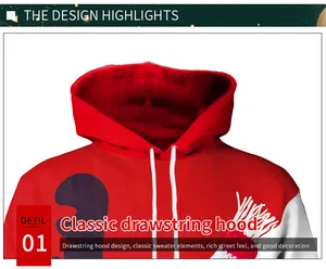 Détail de la capuche rouge à cordon et de l'imprimé graphique 3D de style urbain vibrant