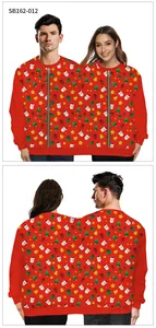 Front and back view of a red two-person Christmas jumpsuit with festive holiday prints