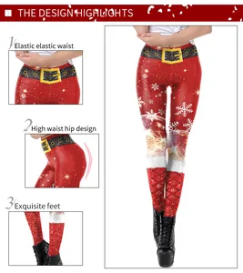 Detail of Christmas leggings featuring festive red print with snowflake patterns and high waist