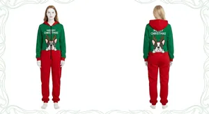 Combinaison À Capuche De Noël Pour Femme Patchwork Rouge Vert Imprimé Bouledogue Français Pyjama Onesie Vêtement De Nuit
