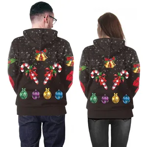 Sweat à capuche de Noël noir avec imprimé festif de cloches et sucres d'orge dans le dos
