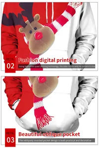 Vue détaillée du sweat à capuche de Noël avec imprimé renne 3D et poches obliques