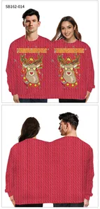 Front and back detail of a two-person Christmas sweater with reindeer and holiday prints