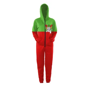 Combinaison de Noël à capuche pour adulte avec motif chien cerf et coutures rouge et vert