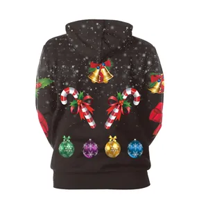 Sweat à capuche de Noël noir avec cloches festives, sucres d'orge et ornements au dos