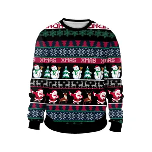 Close-up of XMAS digital print pattern with Santa and reindeer on Christmas sweatshirt