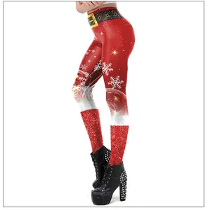 Detail of Christmas leggings featuring Santa suit print, snowflakes and faux fur trim