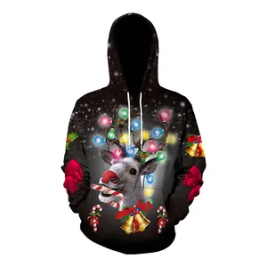 Sweat à capuche de Noël noir avec imprimé renne 3D numérique et lumières de fête