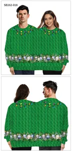 Front and back view of green two-person ugly Christmas sweater with festive holiday prints