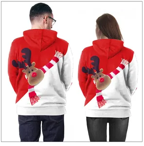 Vue détaillée de l'imprimé renne de Noël 3D et du patchwork de couleurs sur les hoodies