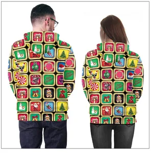 Back view of a black Christmas hoodie with gold Santa Claus and reindeer digital prints