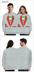 Front and back view of a grey double-person Christmas sweatshirt with funny suit prints
