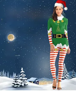 Macro detail of Christmas jumpsuit with festive tree prints and red striped leggings