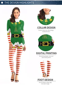 Detail view of Christmas elf catsuit showing high-neck collar and digital tree print